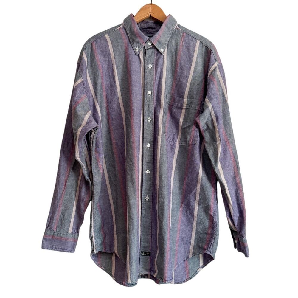 Vintage 90s American Eagle Stripe Button Up Retro Old Money Preppy Academia USA